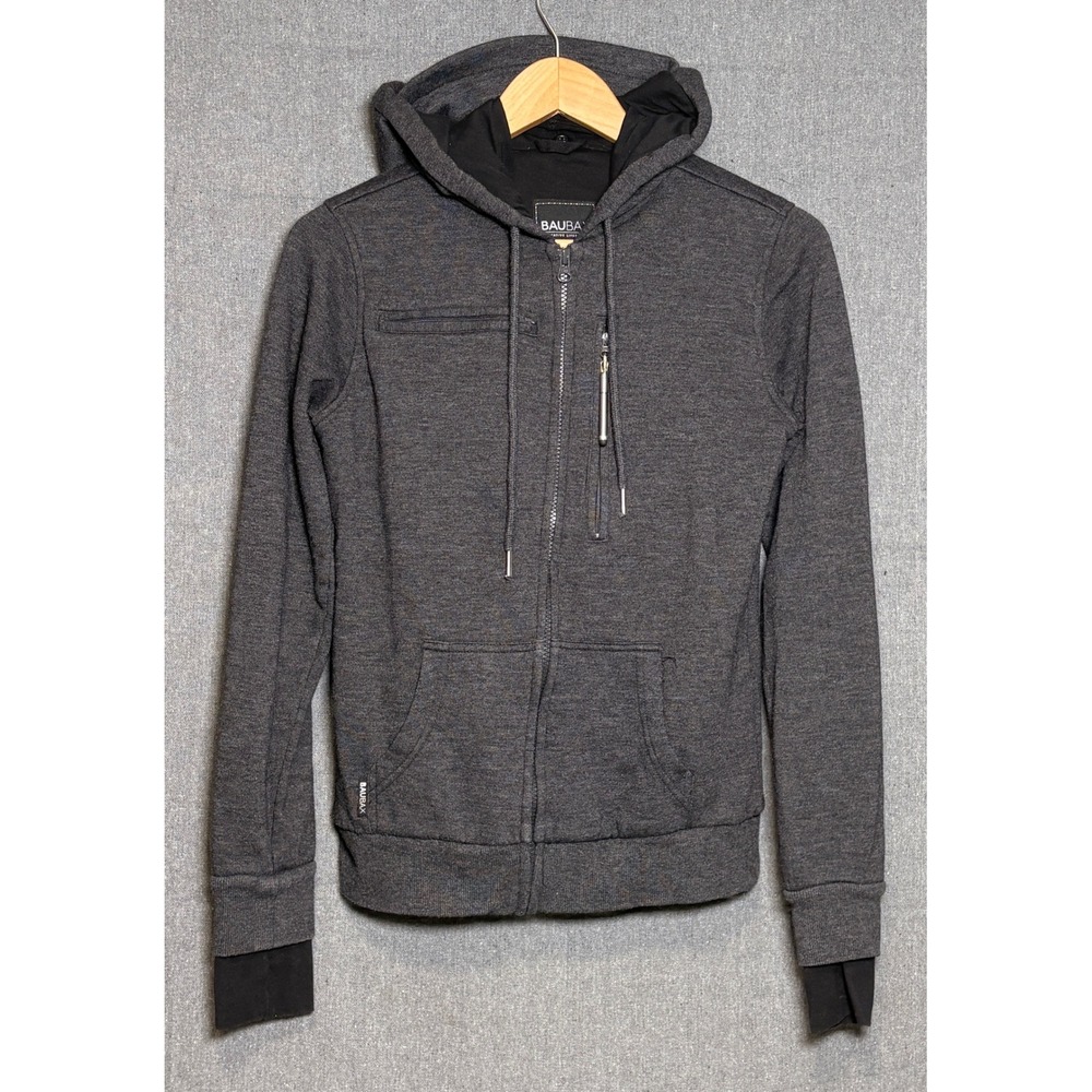 Baubax Men Travel Hoodie Charcoal Grey Full Zip Multi-Pocket Sweatshirt Small